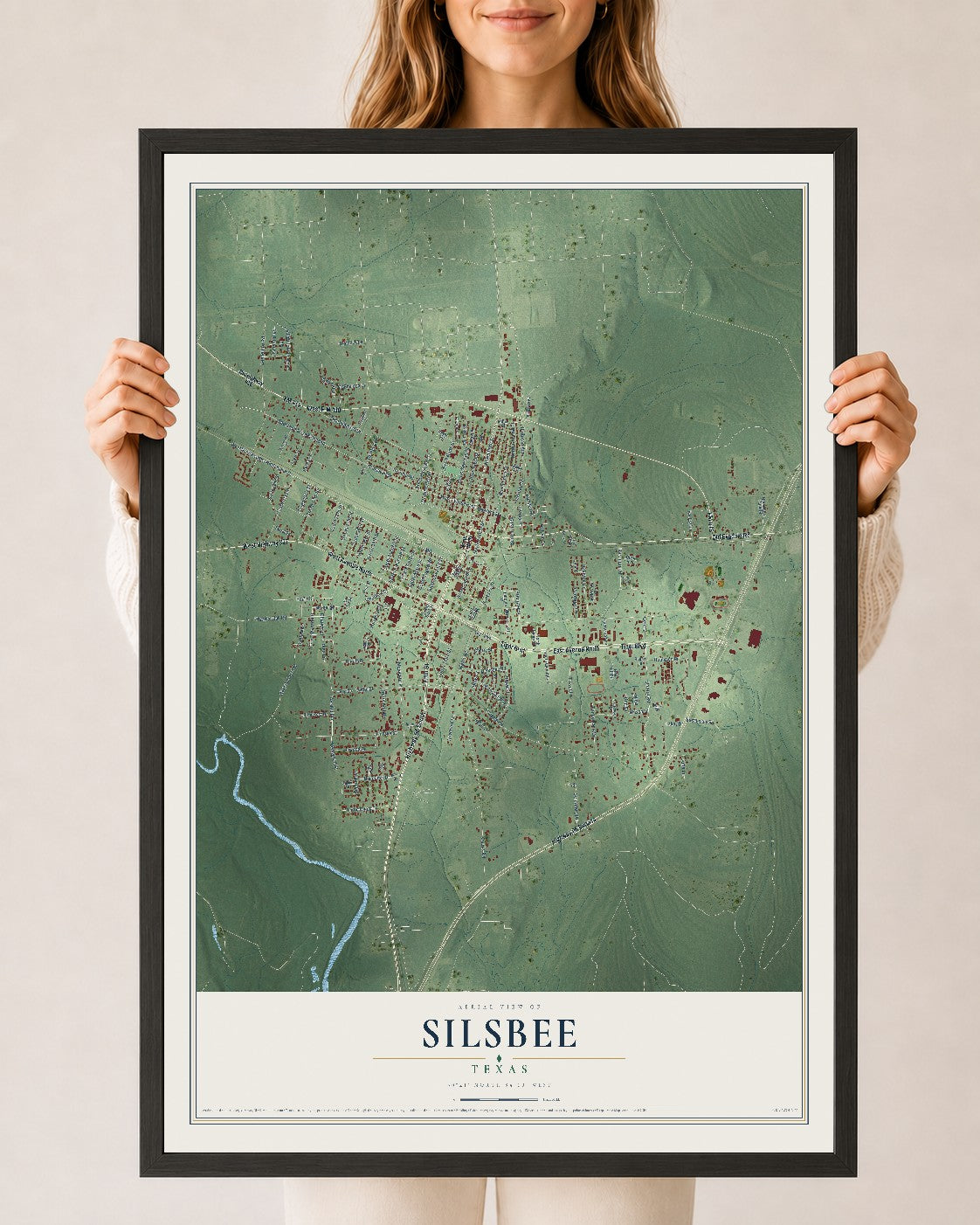 Map of Silsbee, Texas, 24 x 36 inch print in a black wood frame