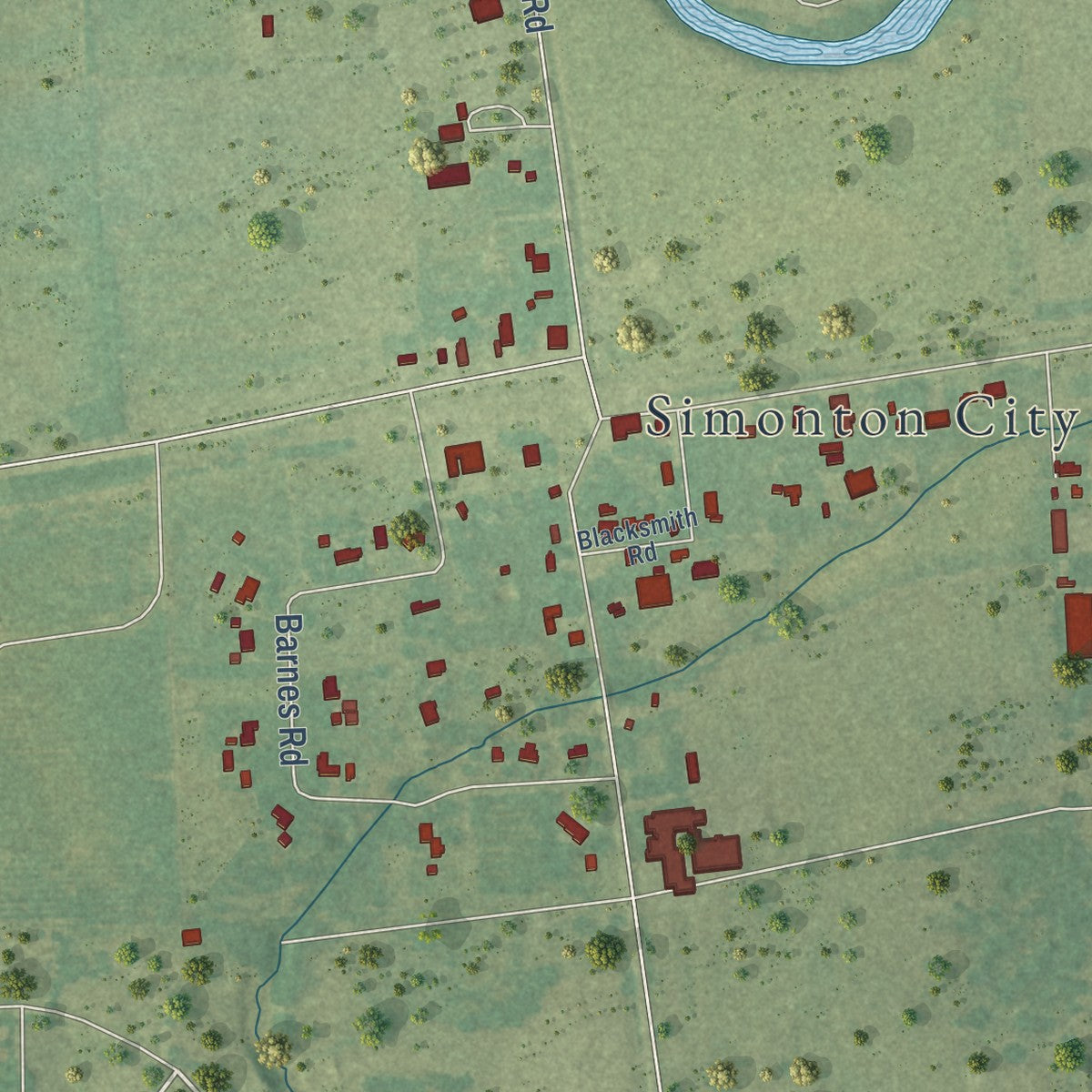 Second close-up of the map of Simonton, Texas print showing more streets and buildings