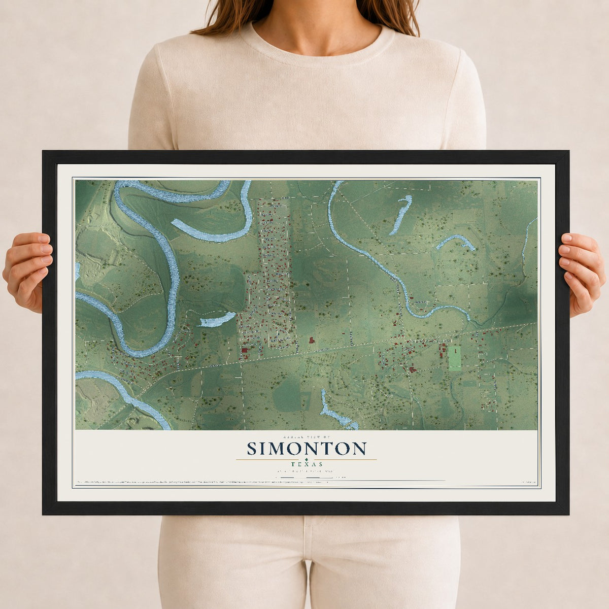 Map of Simonton, Texas, 12 x 18 inch print in a black wood frame