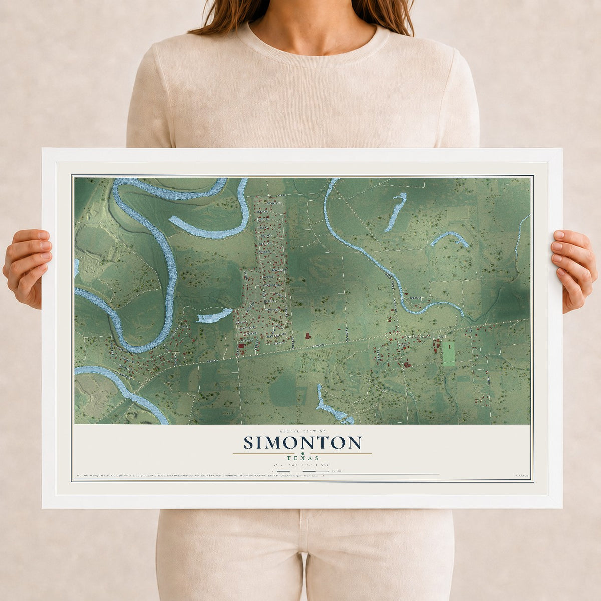 Map of Simonton, Texas, 12 x 18 inch print in a white wood frame