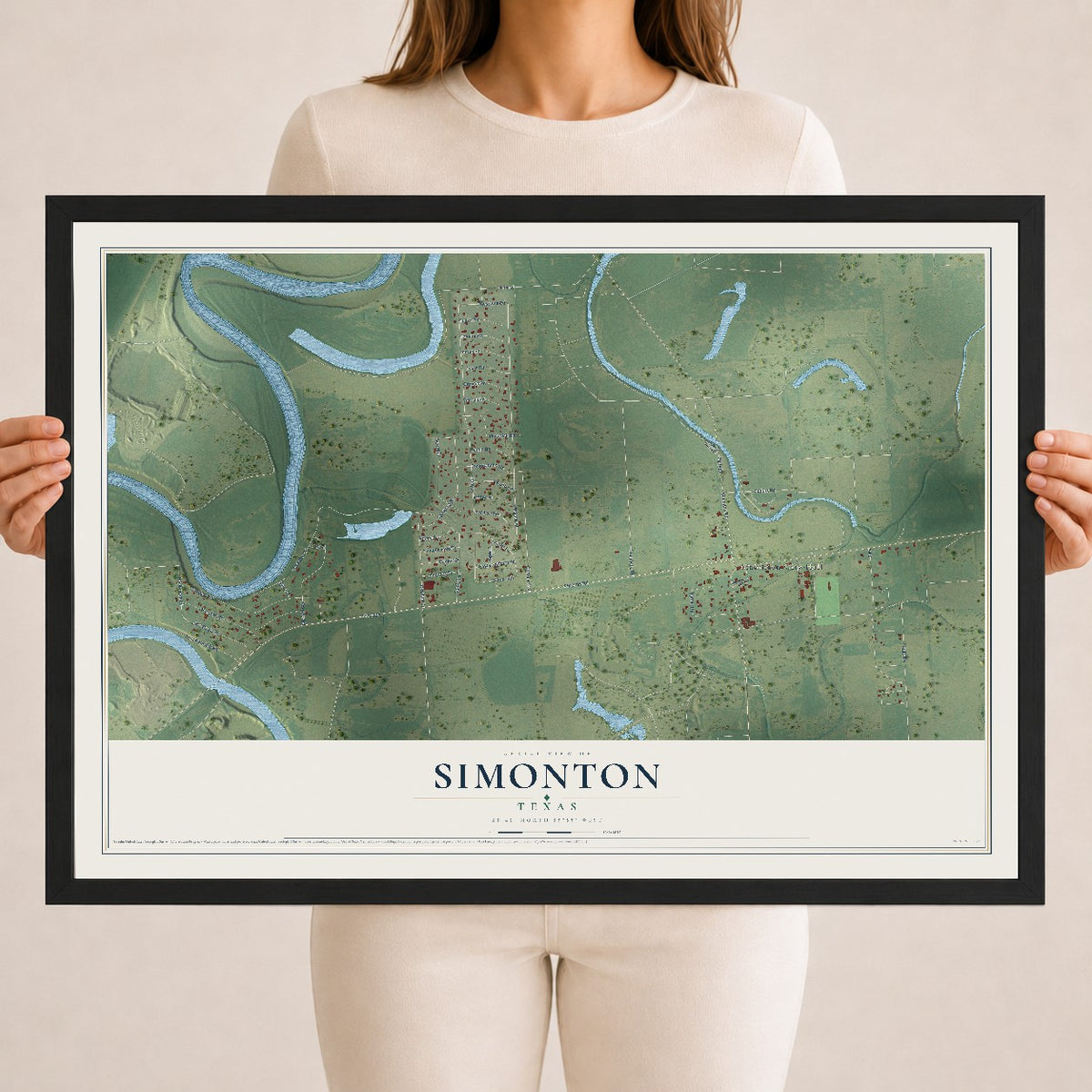 Map of Simonton, Texas, 18 x 24 inch print in a black wood frame