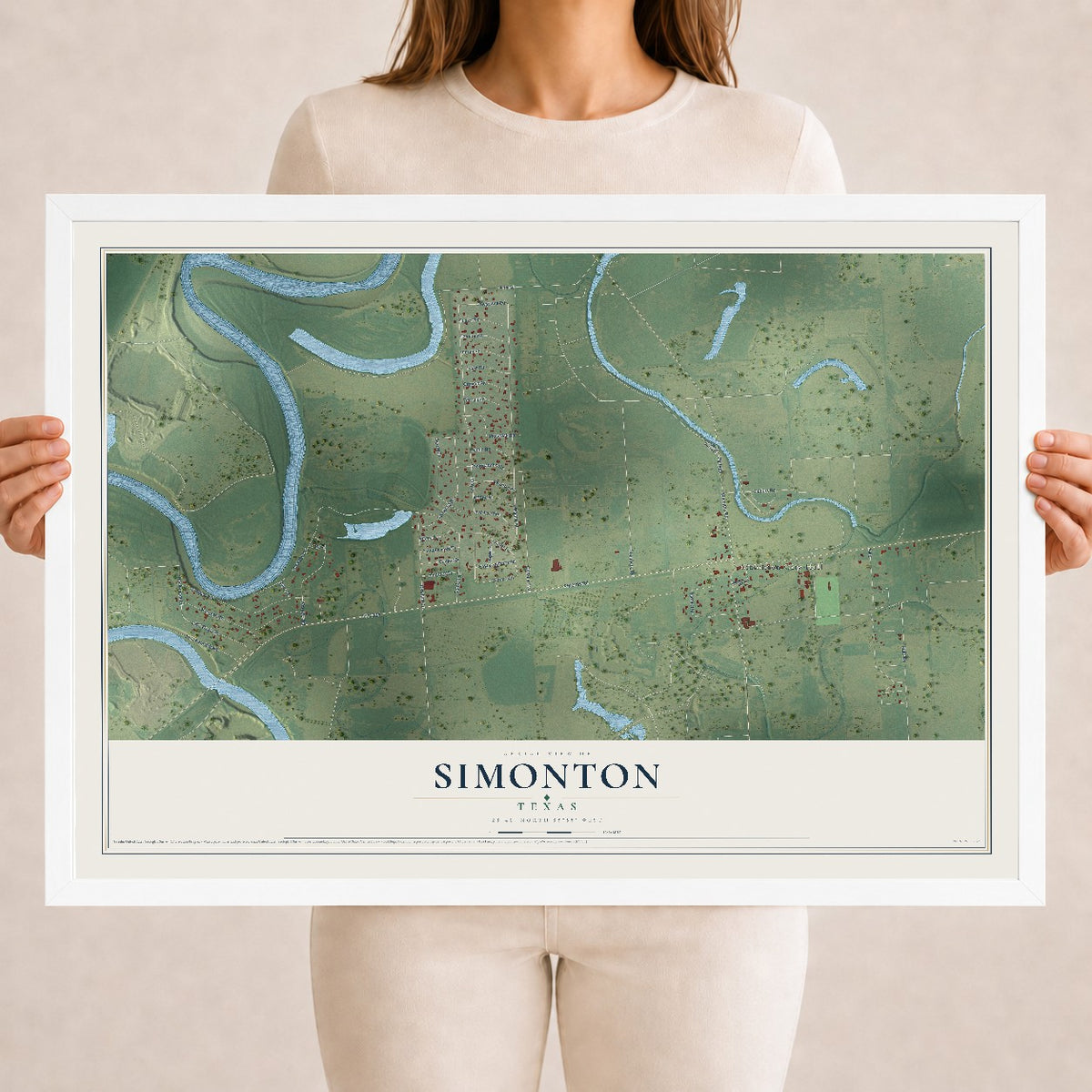 Map of Simonton, Texas, 18 x 24 inch print in a white wood frame