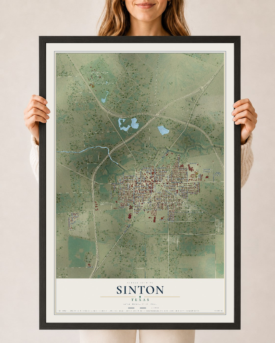 Map of Sinton, Texas, 24 x 36 inch print in a black wood frame