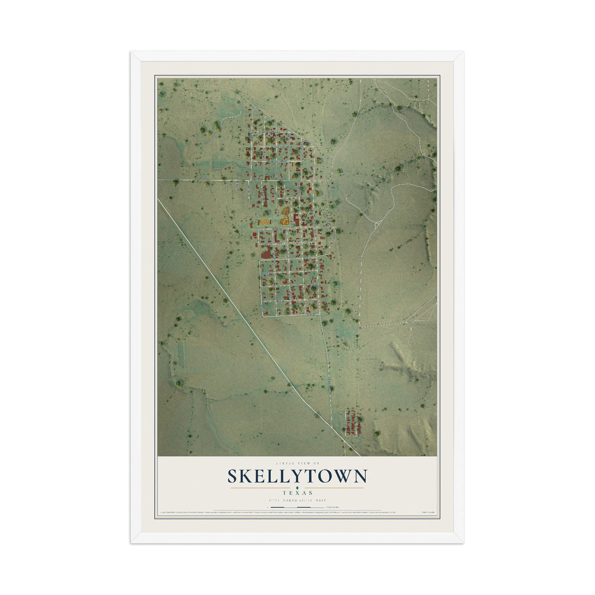 Map of Skellytown, Texas, 12 x 18 inch print in a white wood frame