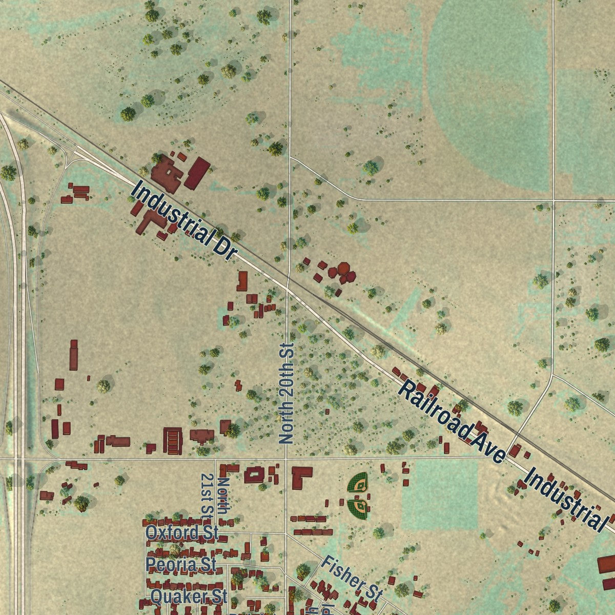 Second close-up of the map of Slaton, Texas print showing more streets and buildings