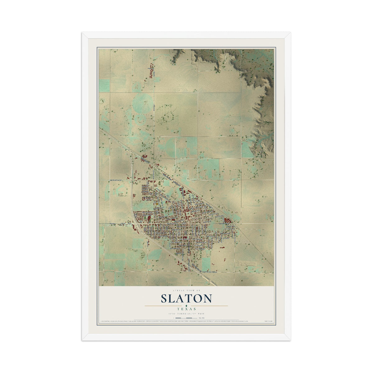 Map of Slaton, Texas, 12 x 18 inch print in a white wood frame