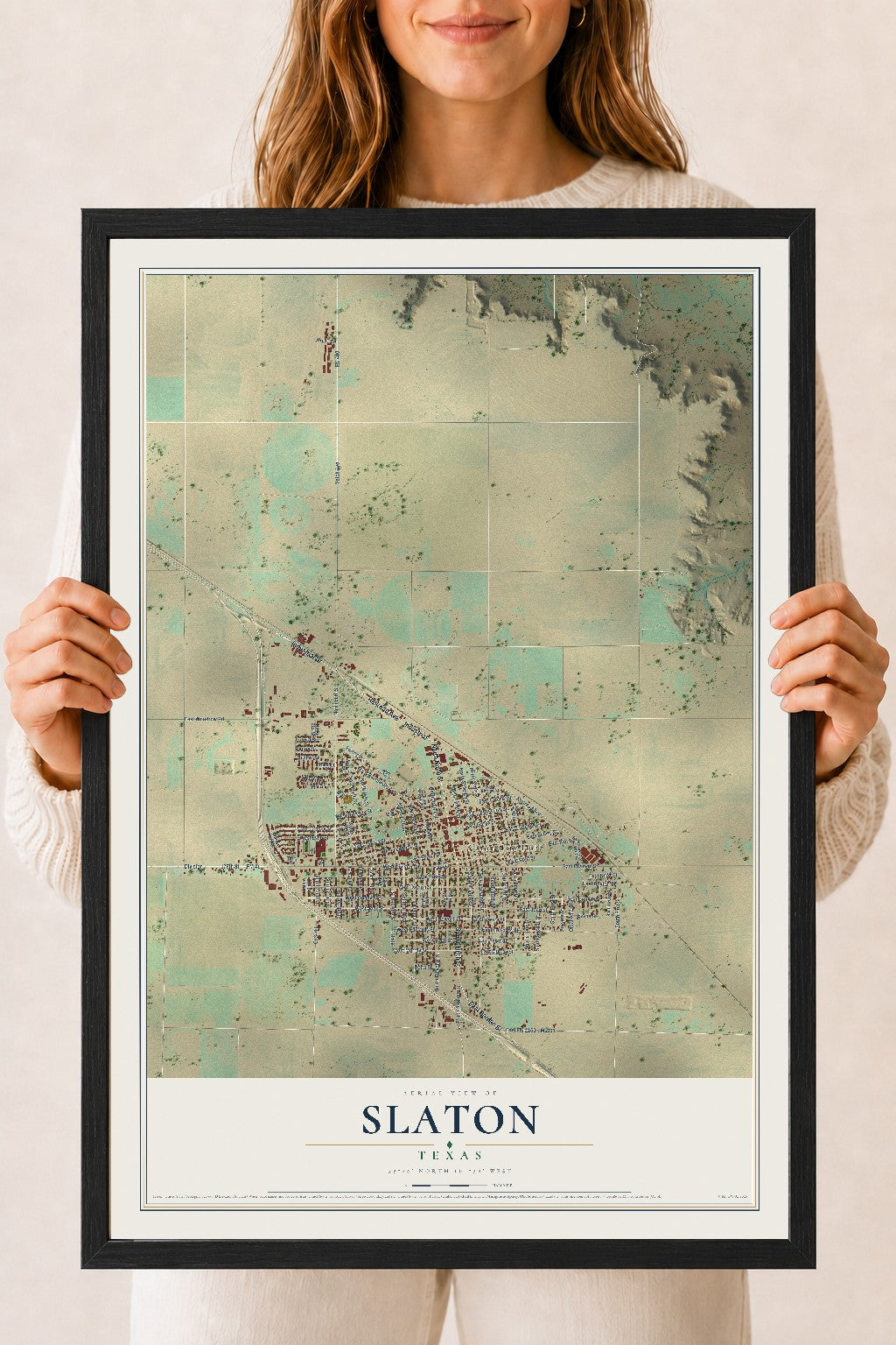 Map of Slaton, Texas, 18 x 24 inch print in a black wood frame