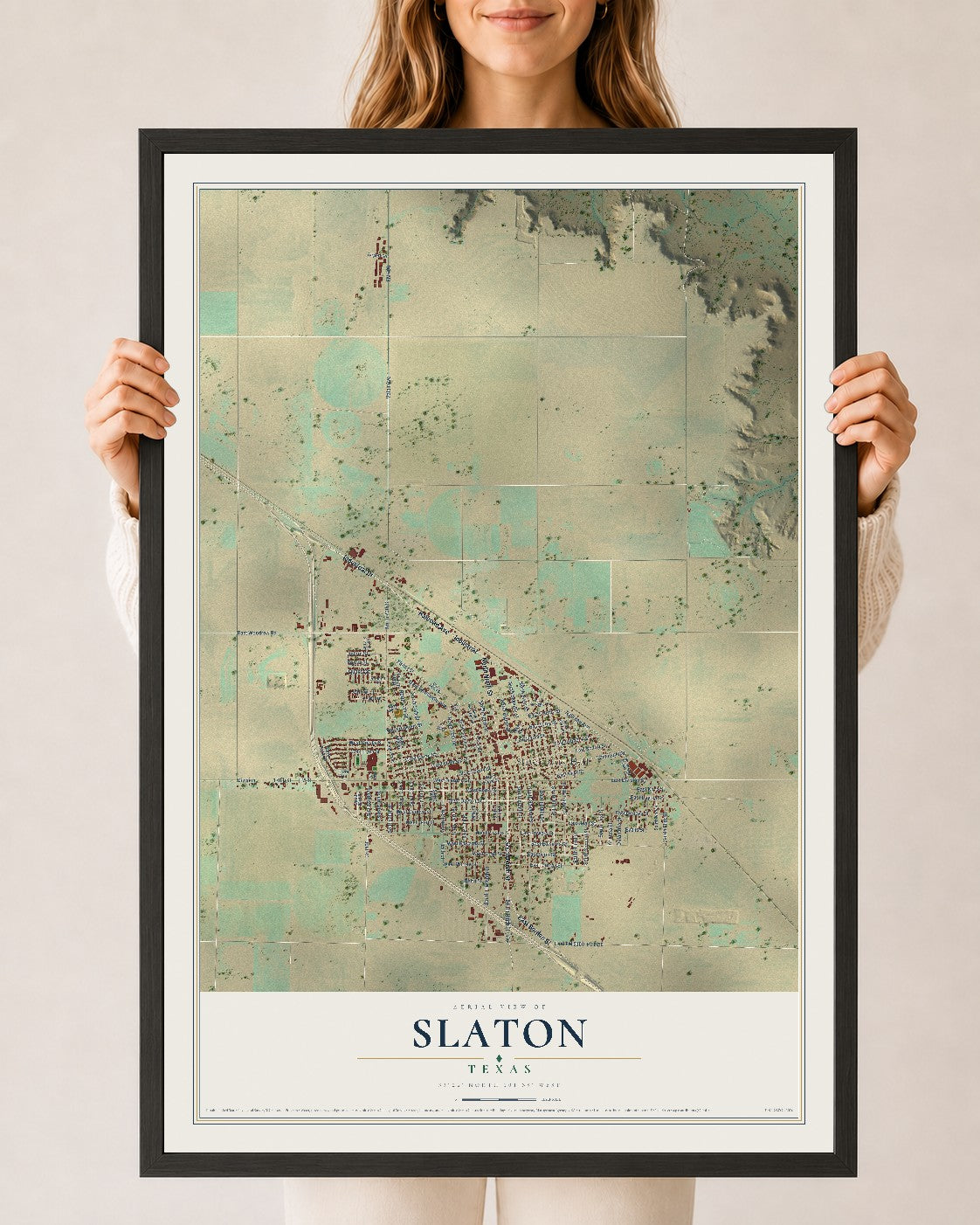 Map of Slaton, Texas, 24 x 36 inch print in a black wood frame