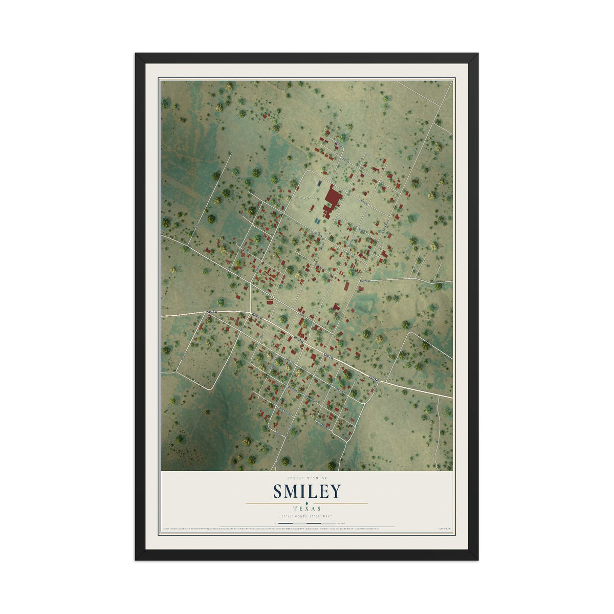 Map of Smiley, Texas, 12 x 18 inch print in a black wood frame