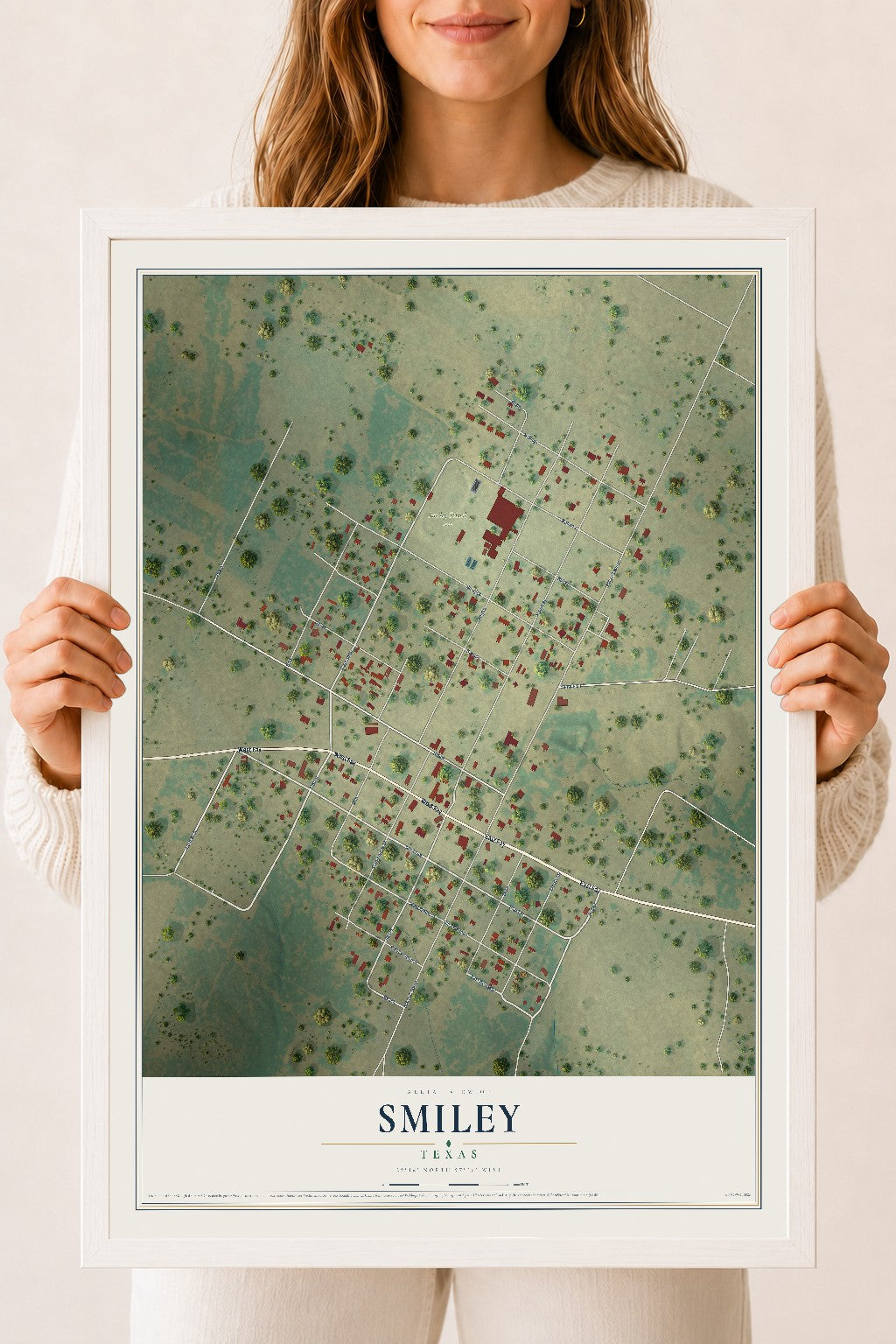 Map of Smiley, Texas, 18 x 24 inch print in a white wood frame