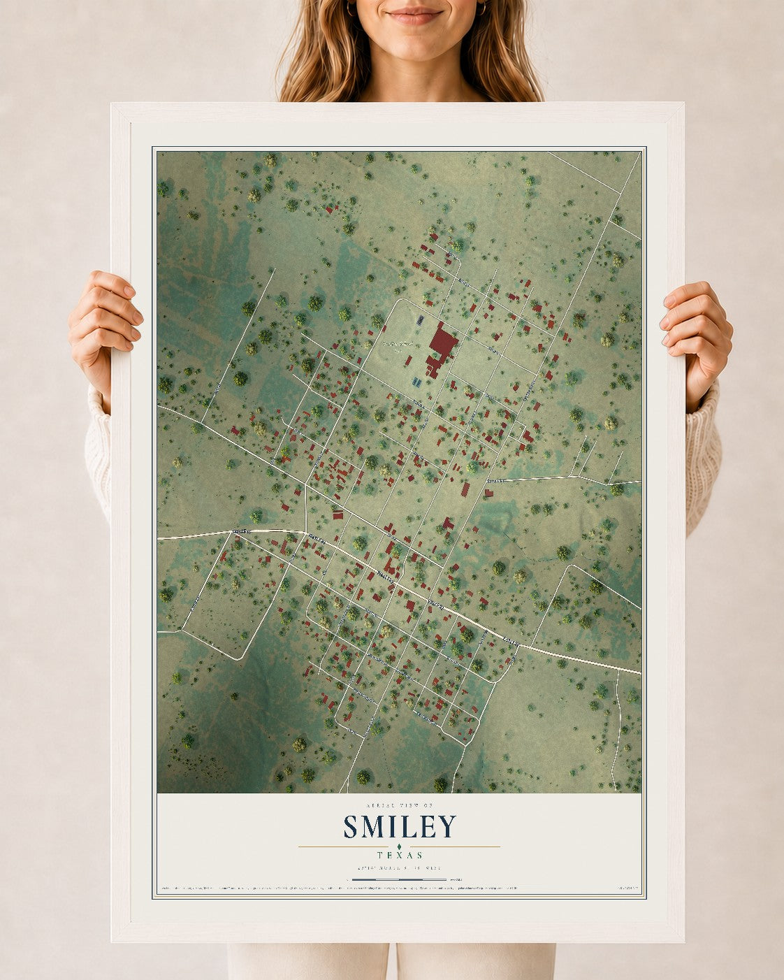 Map of Smiley, Texas, 24 x 36 inch print in a white wood frame