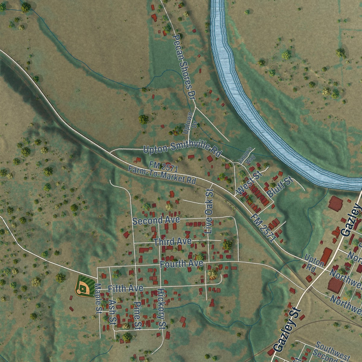 Second close-up of the map of Smithville, Texas print showing more streets and buildings