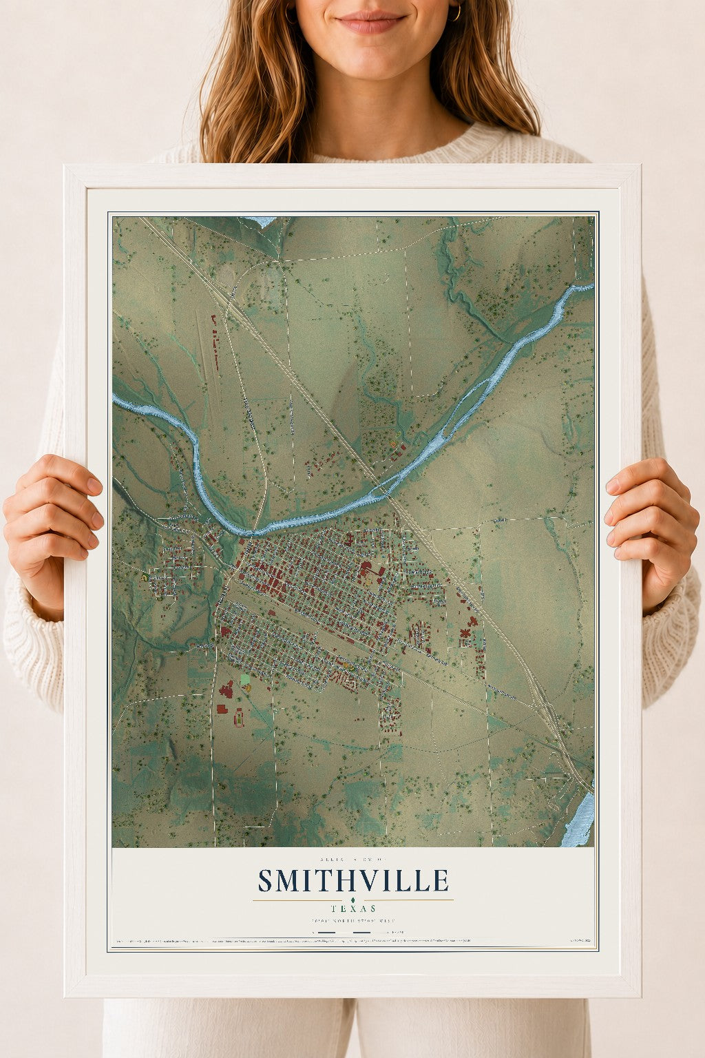 Map of Smithville, Texas, 18 x 24 inch print in a white wood frame