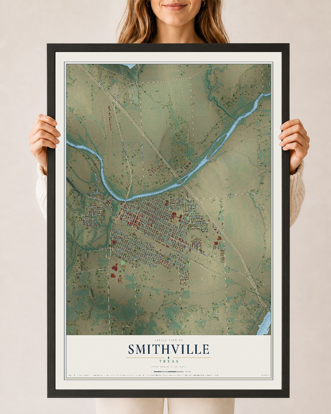 Map of Smithville, Texas, 24 x 36 inch print in a black wood frame