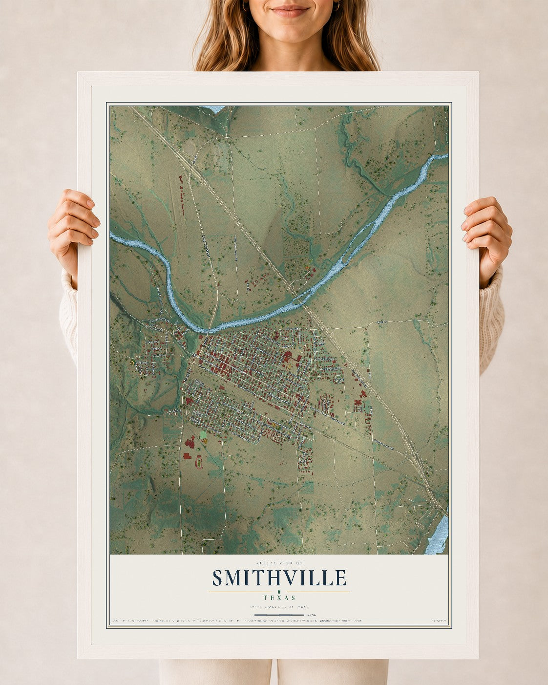 Map of Smithville, Texas, 24 x 36 inch print in a white wood frame
