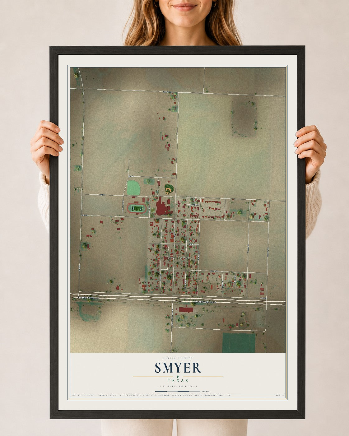 Map of Smyer, Texas, 24 x 36 inch print in a black wood frame