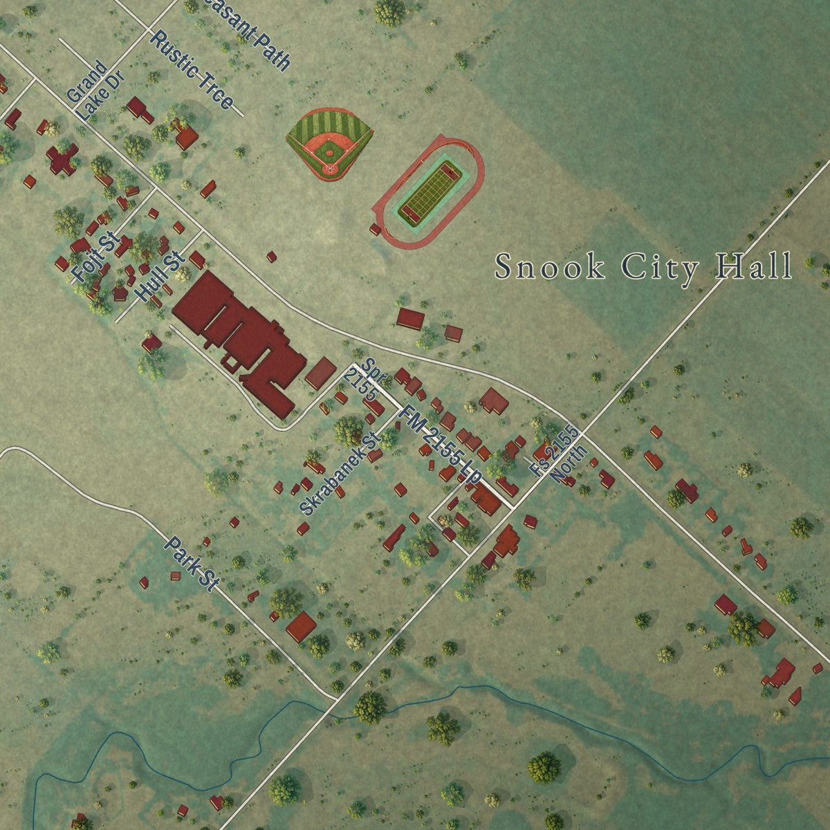 Close-up of the map of Snook, Texas print showing street and building detail