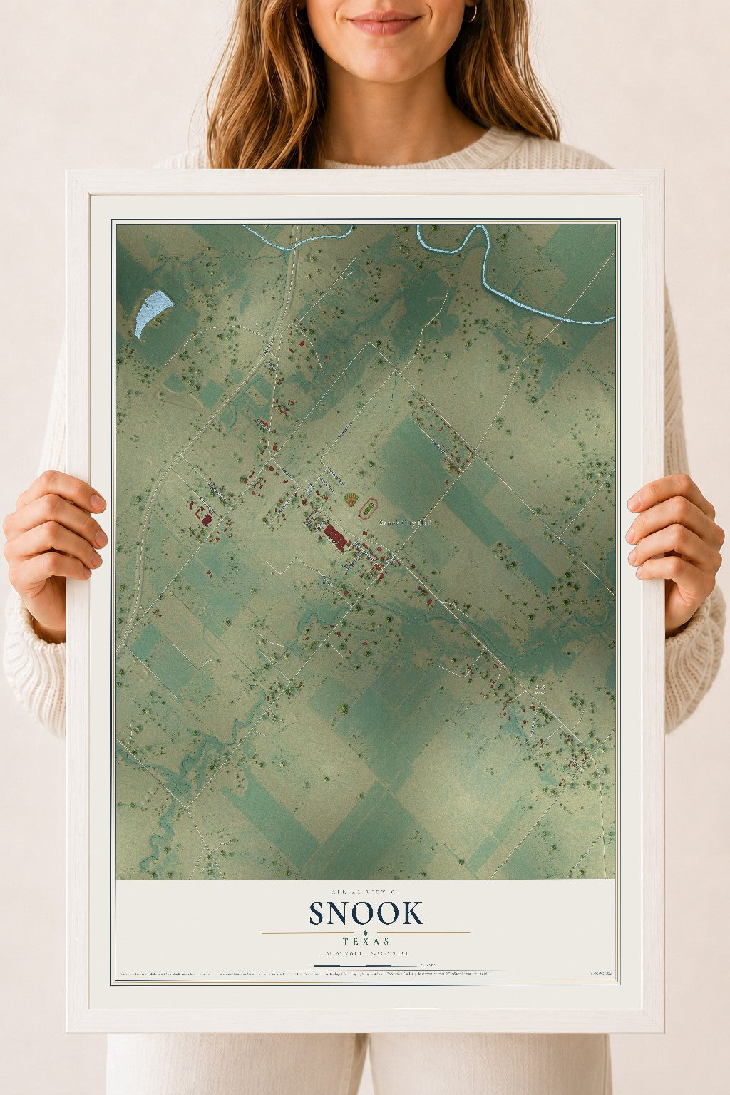 Map of Snook, Texas, 18 x 24 inch print in a white wood frame