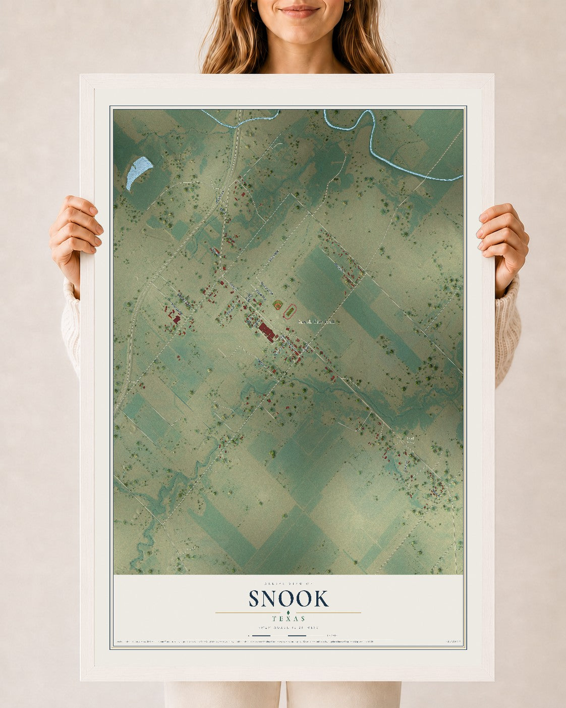 Map of Snook, Texas, 24 x 36 inch print in a white wood frame