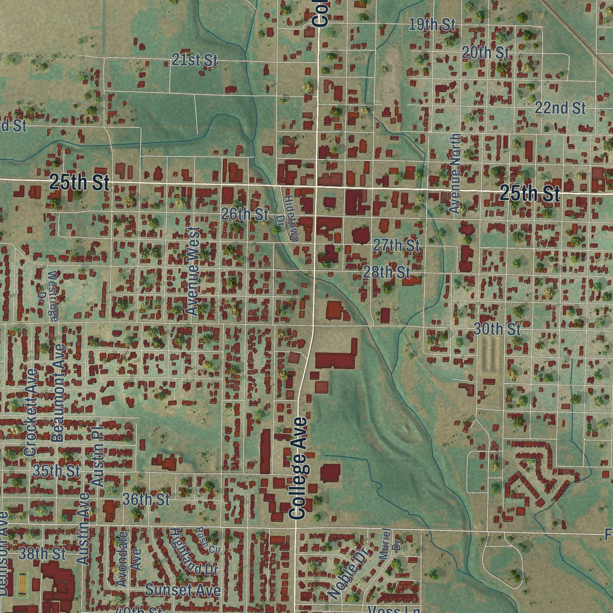 Close-up of the map of Snyder, Texas print showing street and building detail