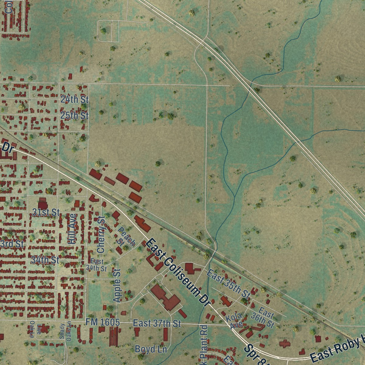 Second close-up of the map of Snyder, Texas print showing more streets and buildings