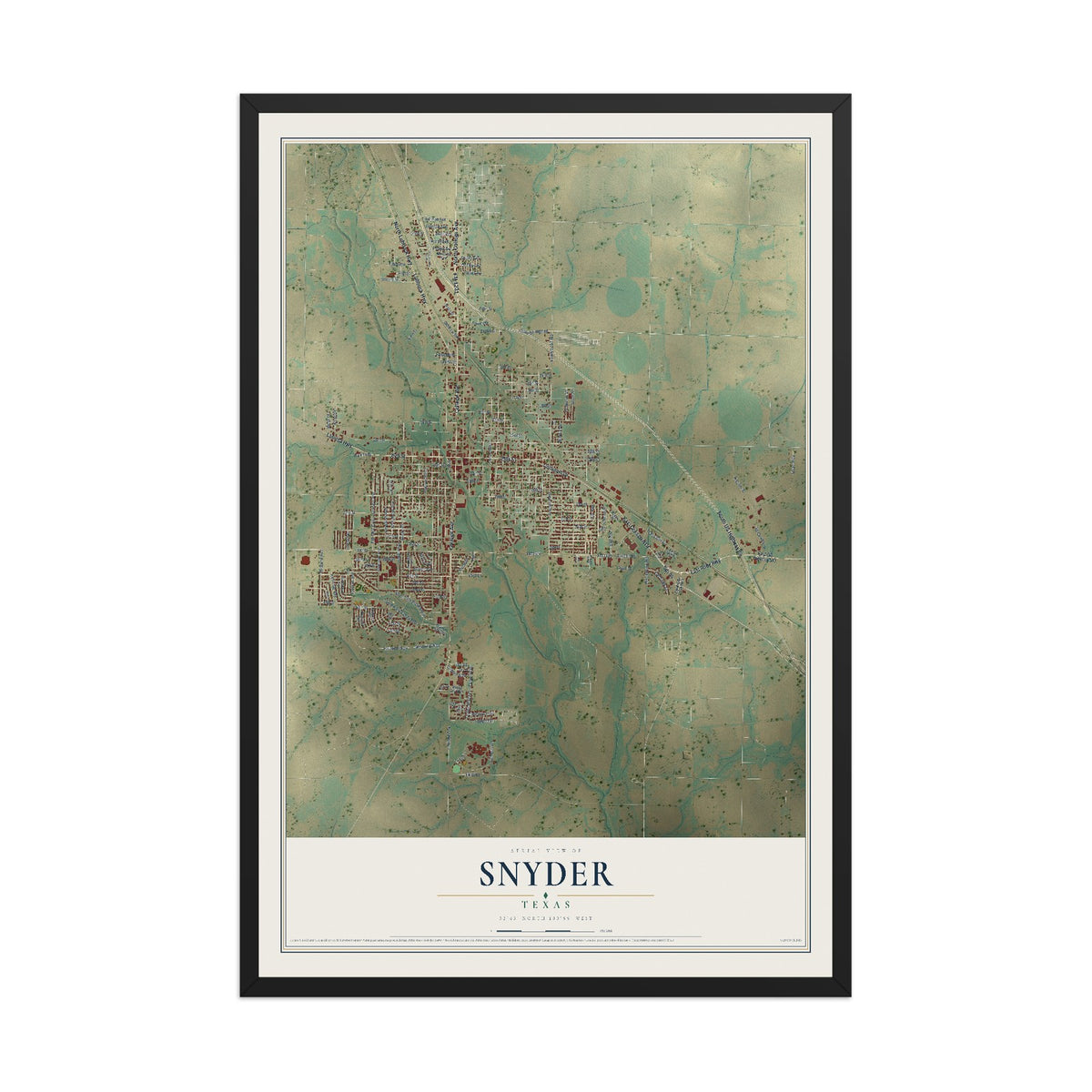 Map of Snyder, Texas, 12 x 18 inch print in a black wood frame