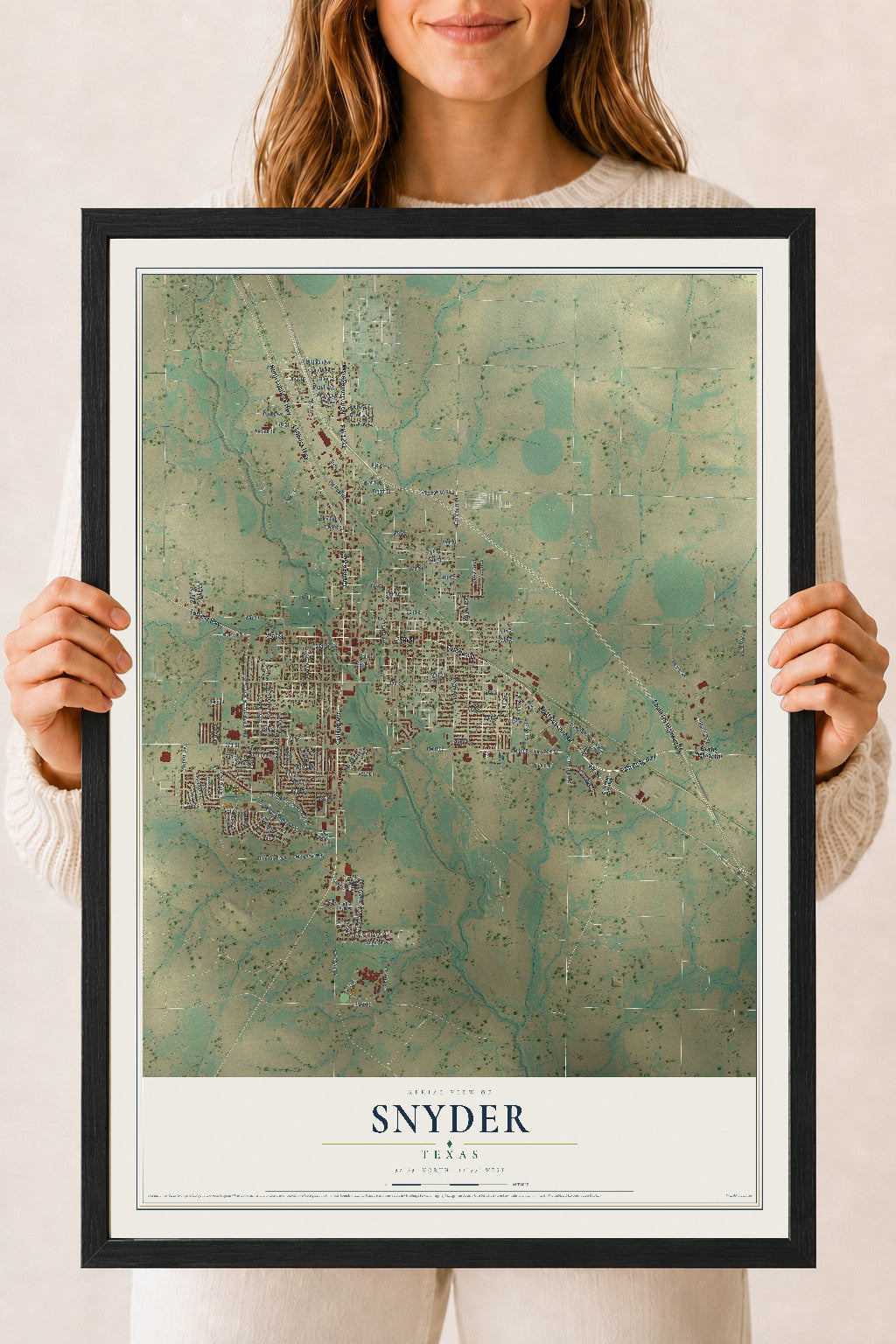 Map of Snyder, Texas, 18 x 24 inch print in a black wood frame