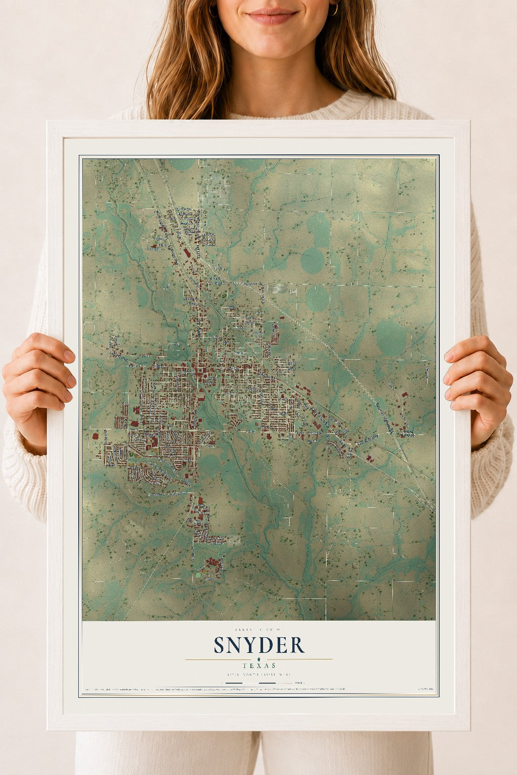 Map of Snyder, Texas, 18 x 24 inch print in a white wood frame