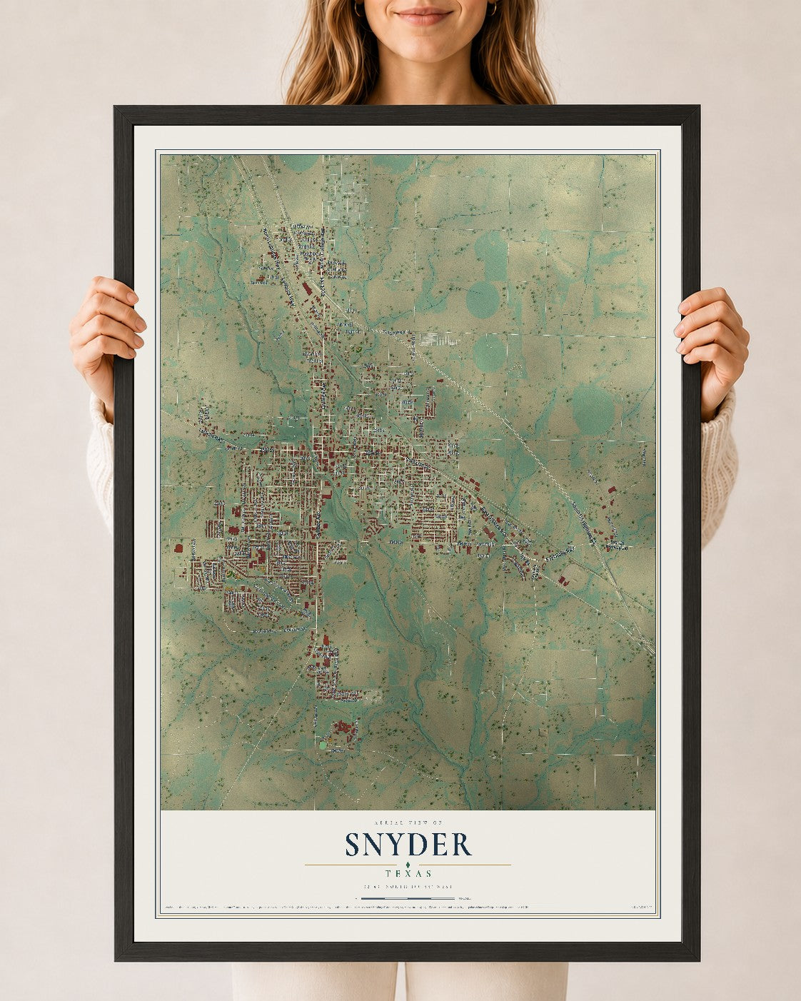 Map of Snyder, Texas, 24 x 36 inch print in a black wood frame