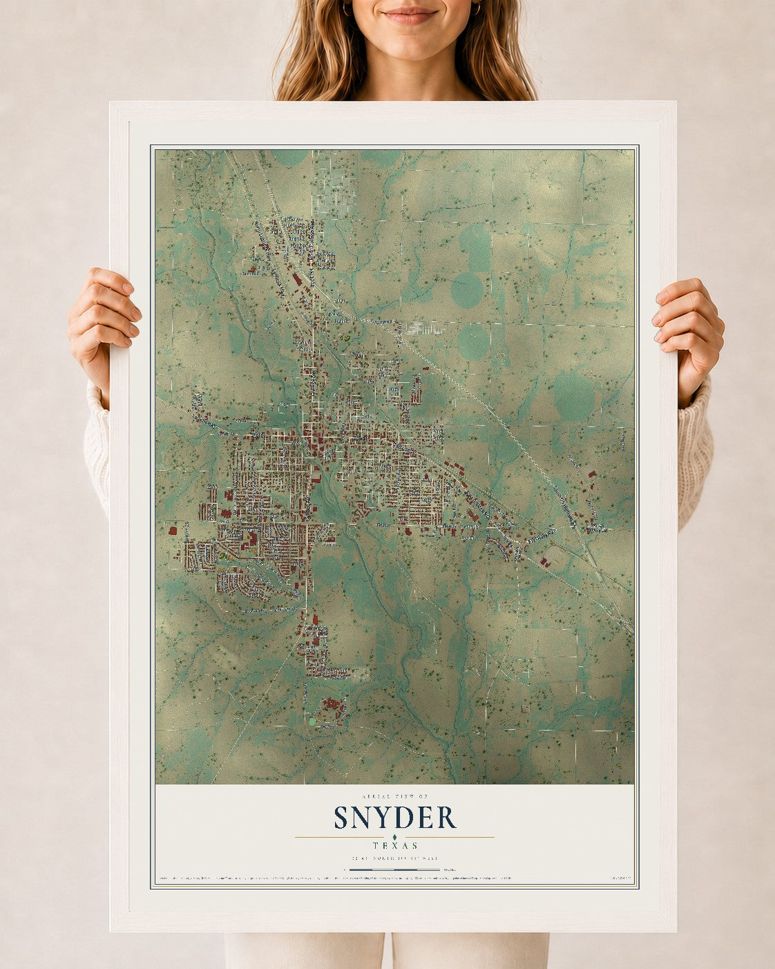 Map of Snyder, Texas, 24 x 36 inch print in a white wood frame