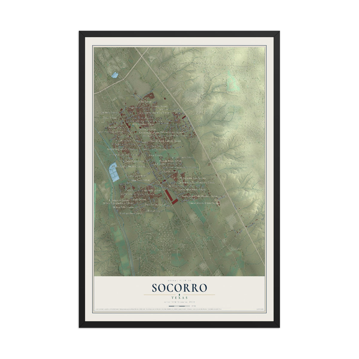 Map of Socorro, Texas, 12 x 18 inch print in a black wood frame
