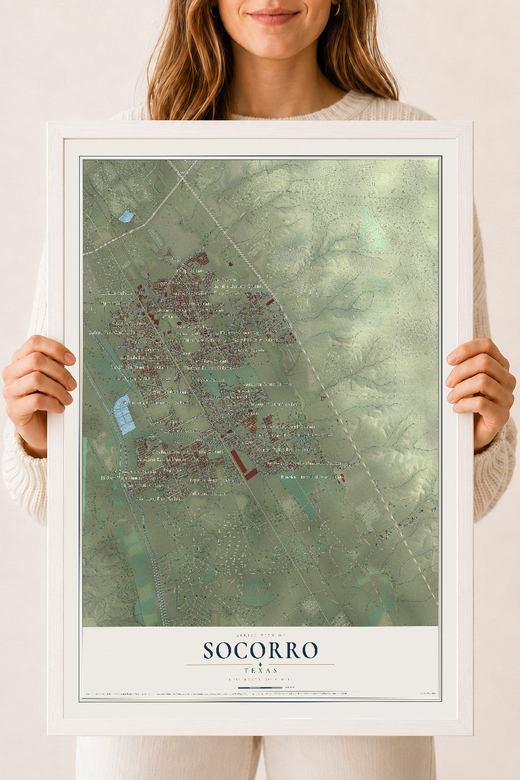 Map of Socorro, Texas, 18 x 24 inch print in a white wood frame