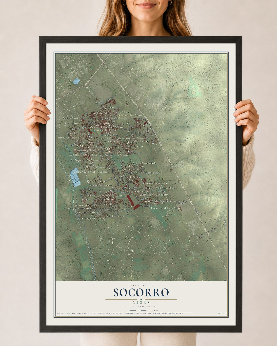 Map of Socorro, Texas, 24 x 36 inch print in a black wood frame