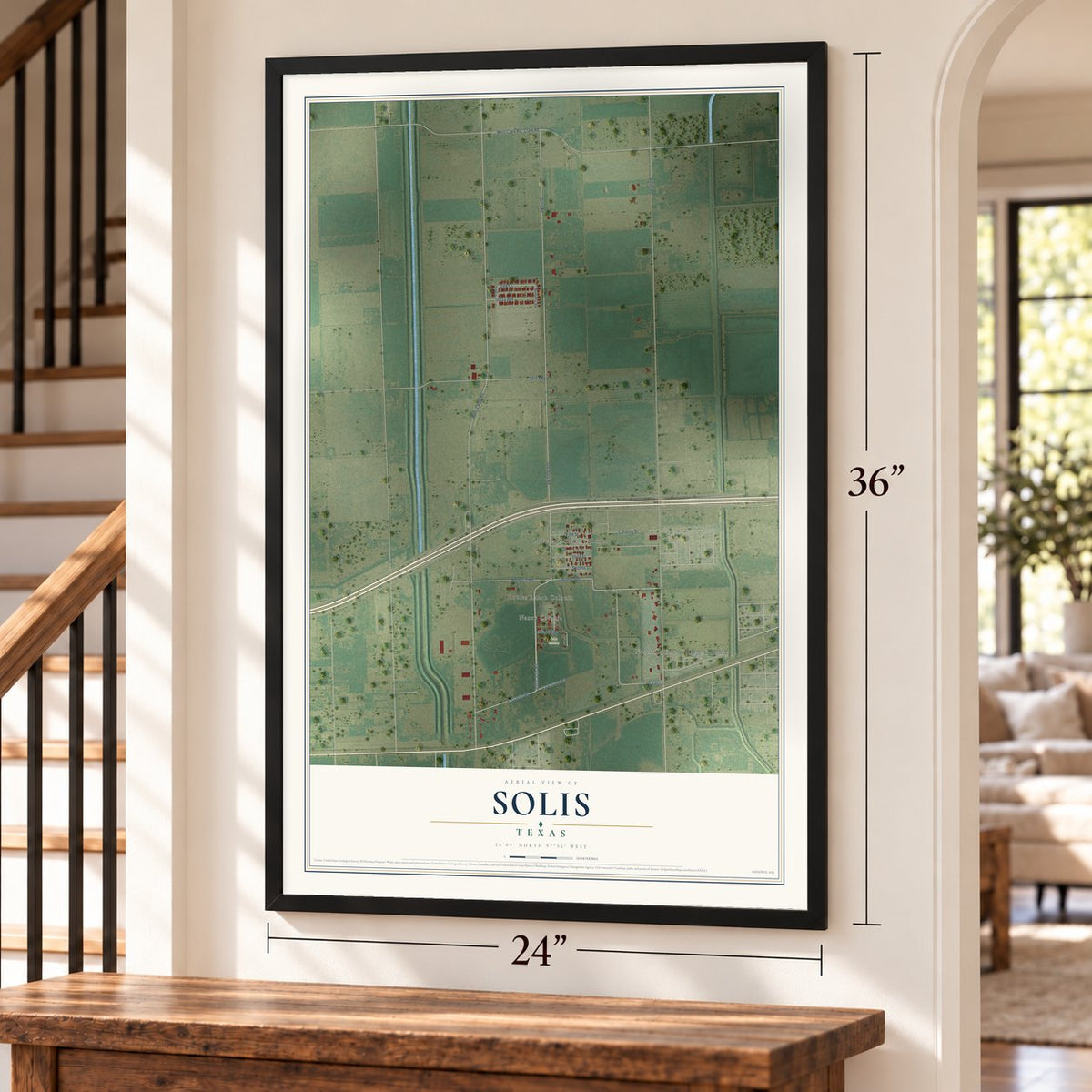 Solis, Texas map, 24 x 36 inch print in a black frame by a staircase