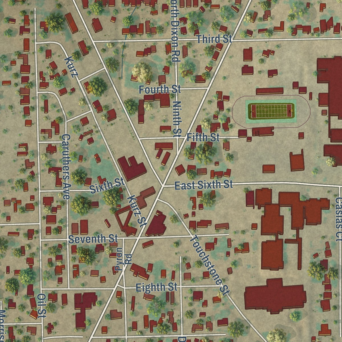 Close-up of the map of Somerset, Texas print showing street and building detail