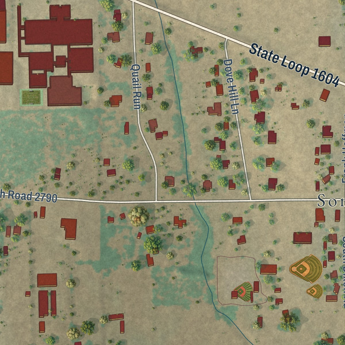 Second close-up of the map of Somerset, Texas print showing more streets and buildings