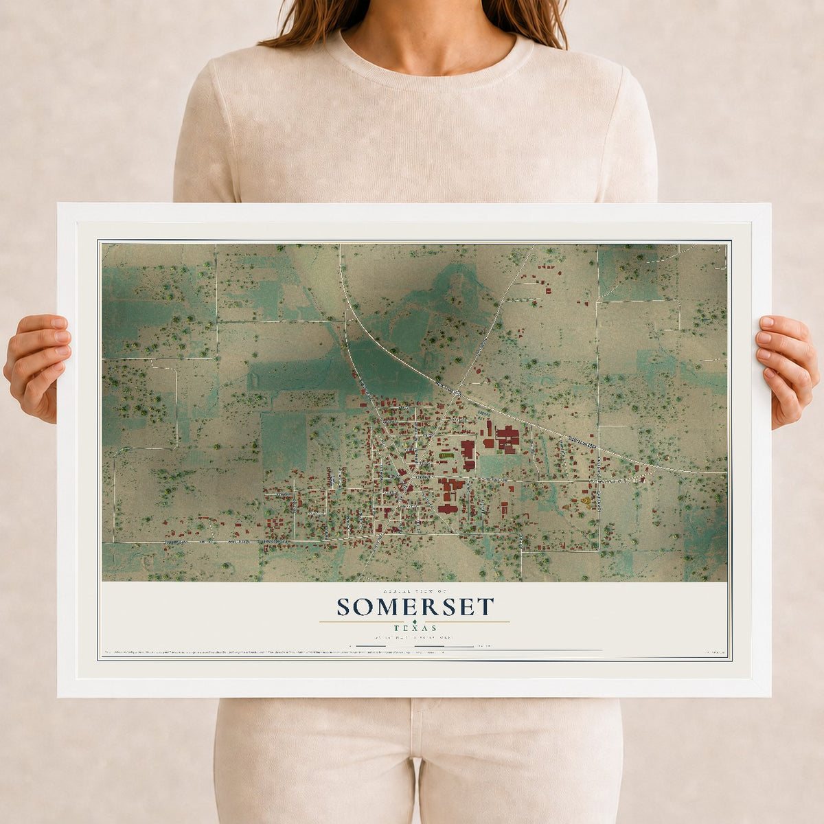 Map of Somerset, Texas, 12 x 18 inch print in a white wood frame