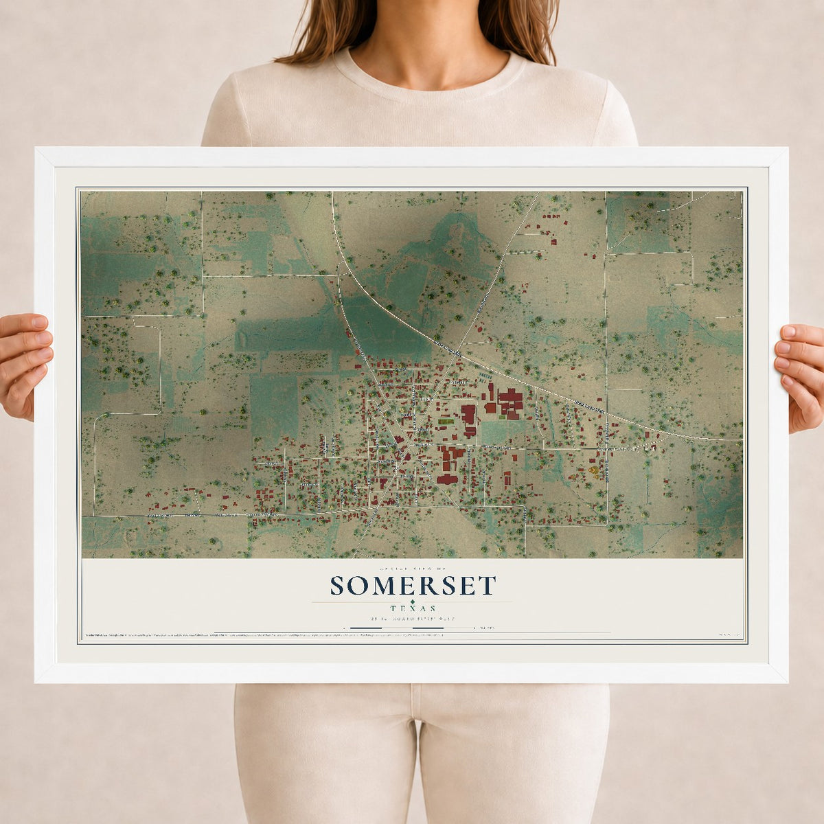 Map of Somerset, Texas, 18 x 24 inch print in a white wood frame