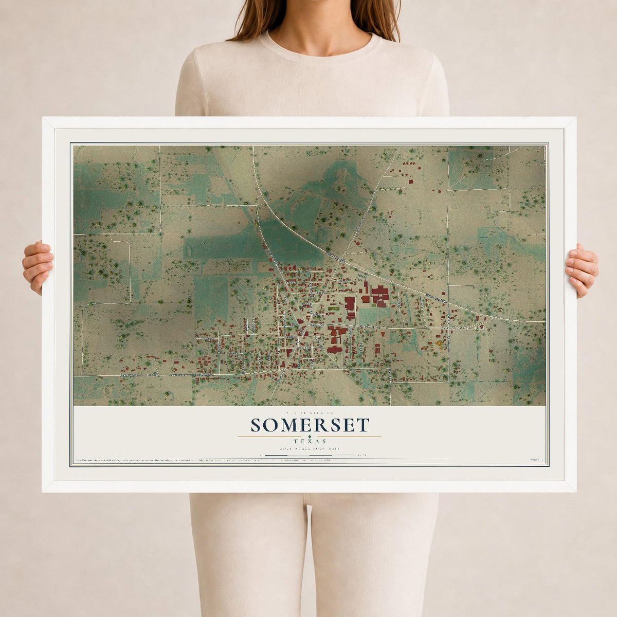 Map of Somerset, Texas, 24 x 36 inch print in a white wood frame