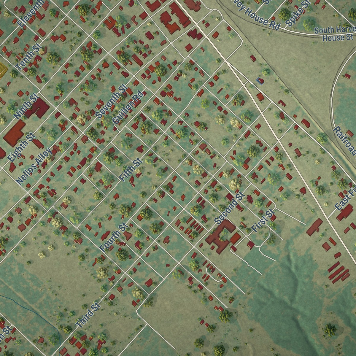 Close-up of the map of Somerville, Texas print showing street and building detail