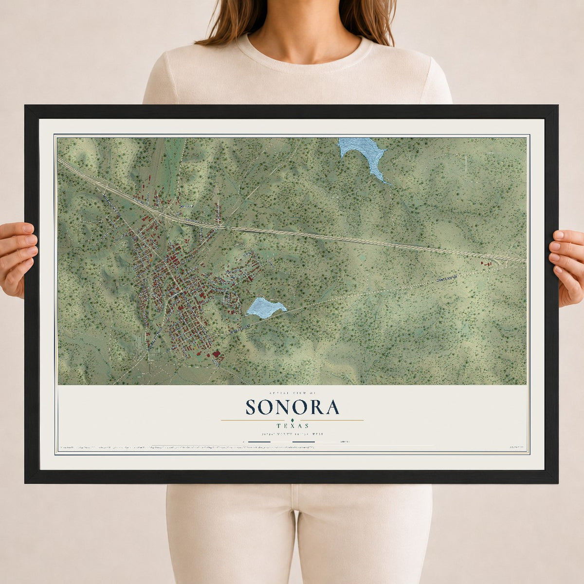 Map of Sonora, Texas, 18 x 24 inch print in a black wood frame