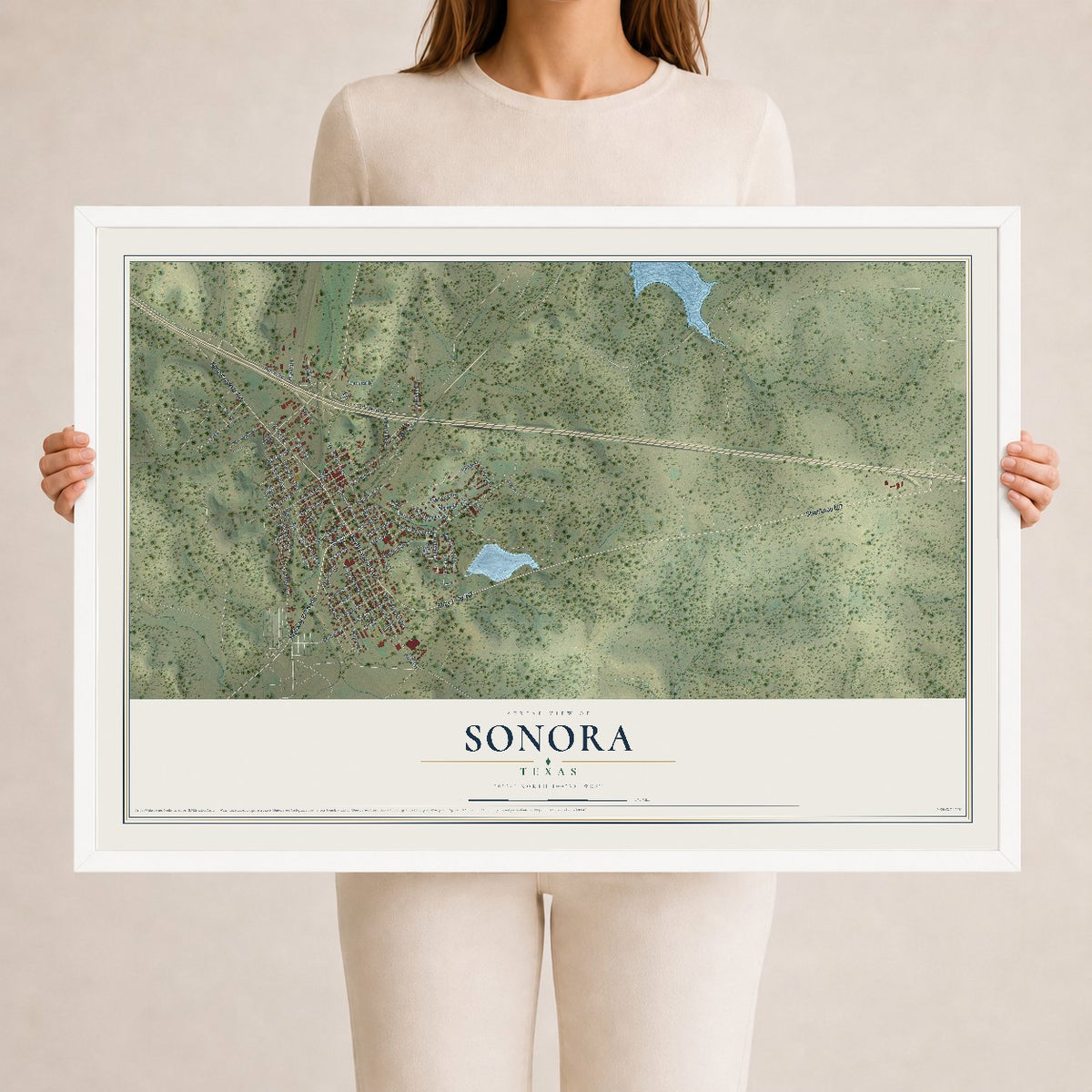 Map of Sonora, Texas, 24 x 36 inch print in a white wood frame