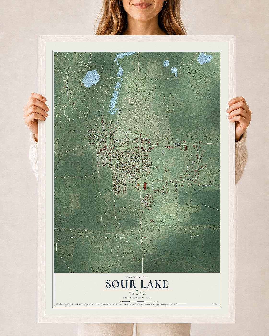 Map of Sour Lake, Texas, 24 x 36 inch print in a white wood frame