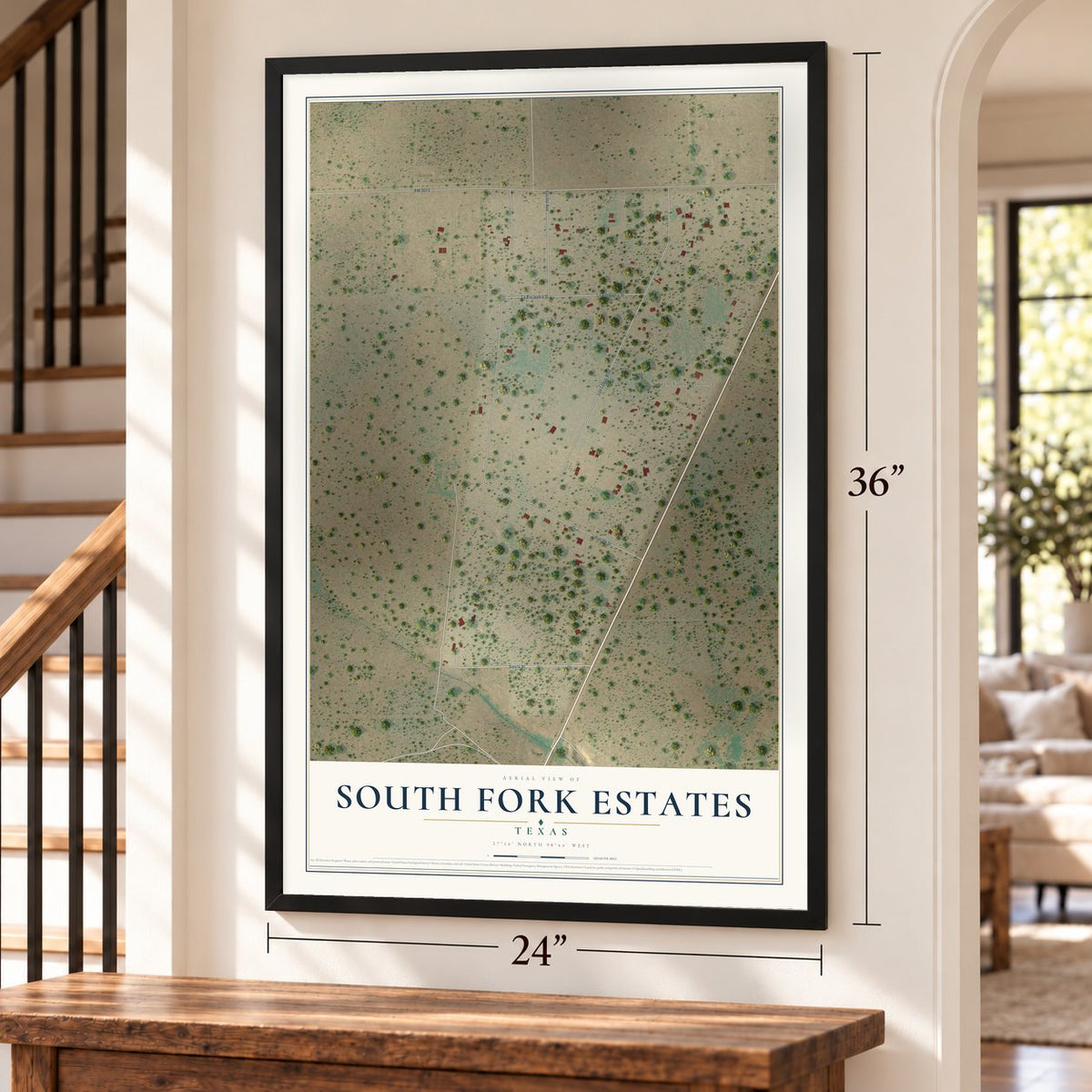 South Fork Estates, Texas map, 24 x 36 inch print in a black frame by a staircase