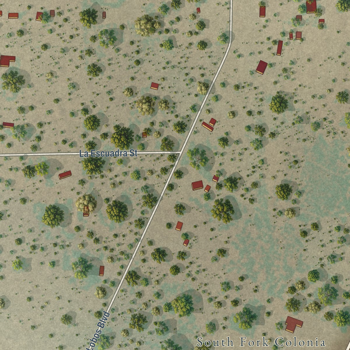 Close-up of the map of South Fork Estates, Texas print showing street and building detail