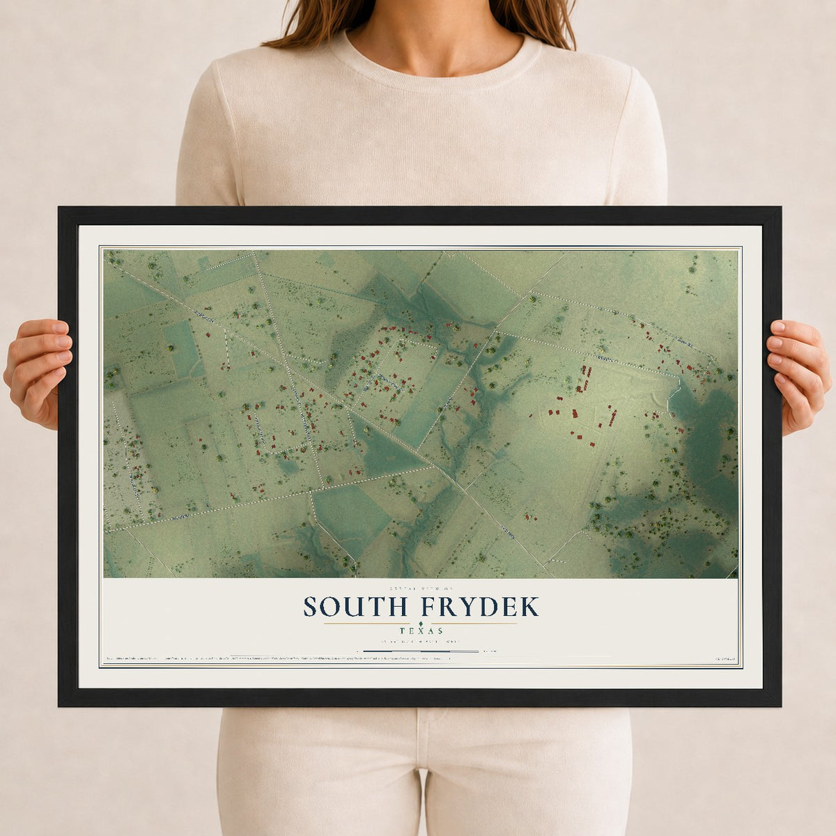 Map of South Frydek, Texas, 12 x 18 inch print in a black wood frame