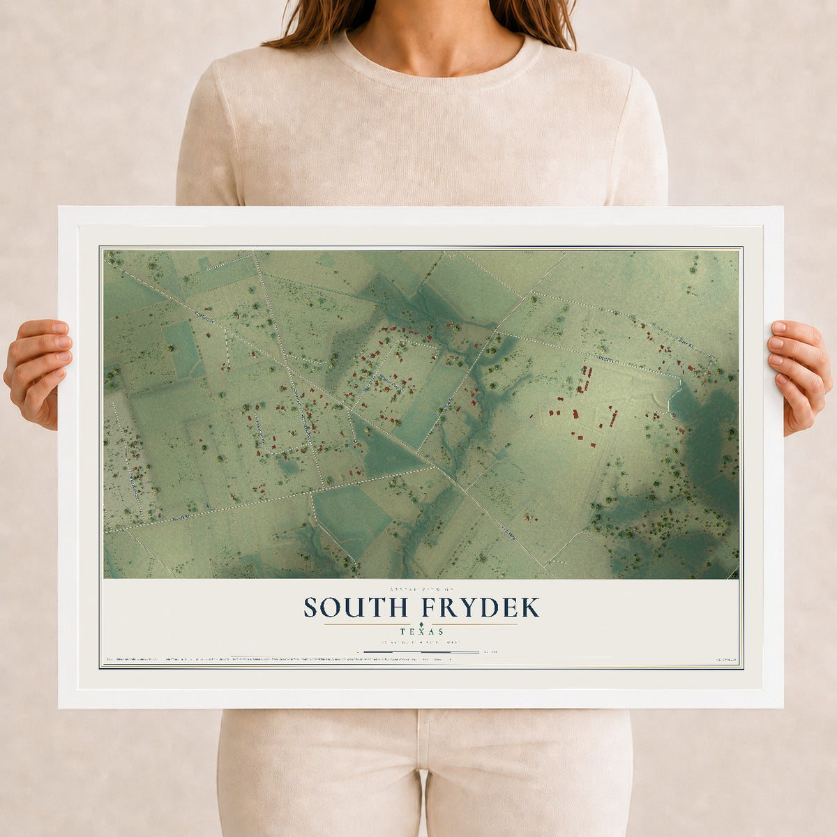 Map of South Frydek, Texas, 12 x 18 inch print in a white wood frame