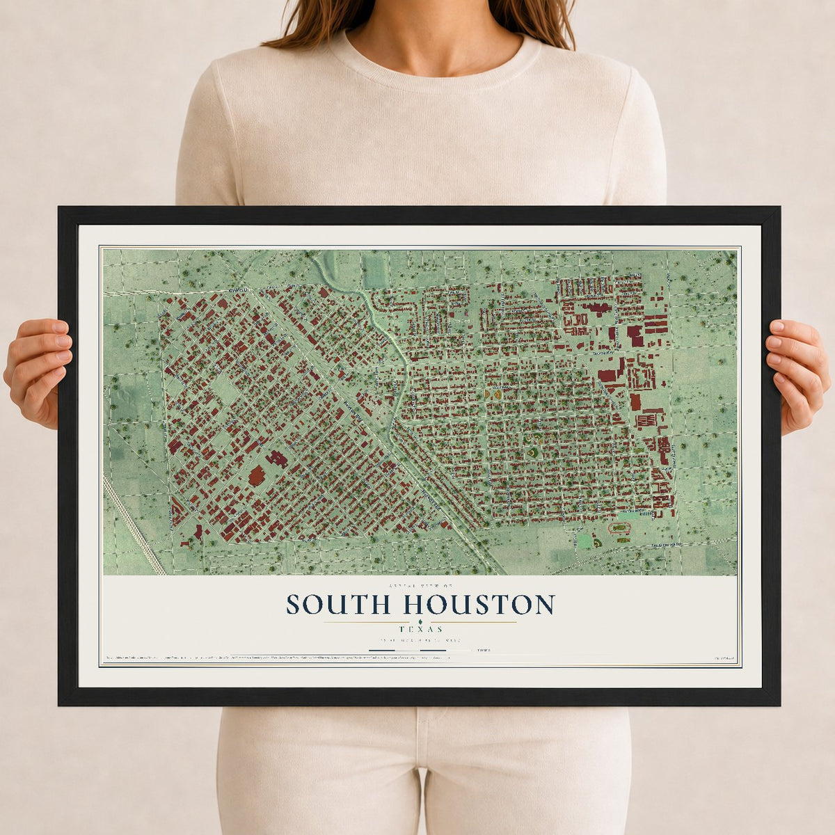 Map of South Houston, Texas, 12 x 18 inch print in a black wood frame