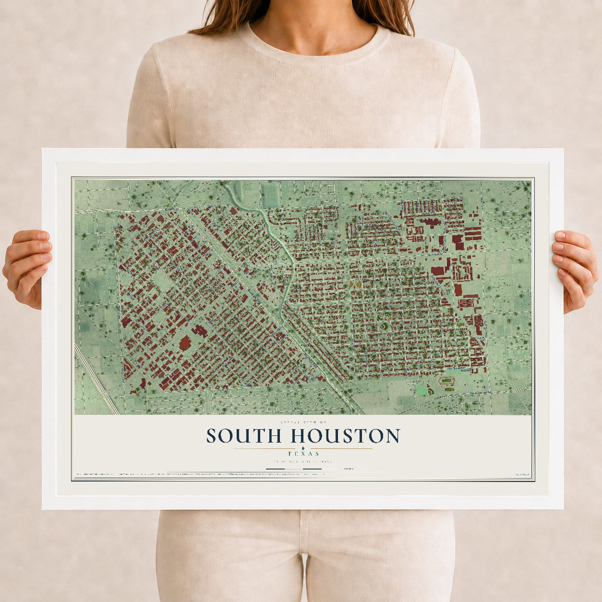 Map of South Houston, Texas, 12 x 18 inch print in a white wood frame