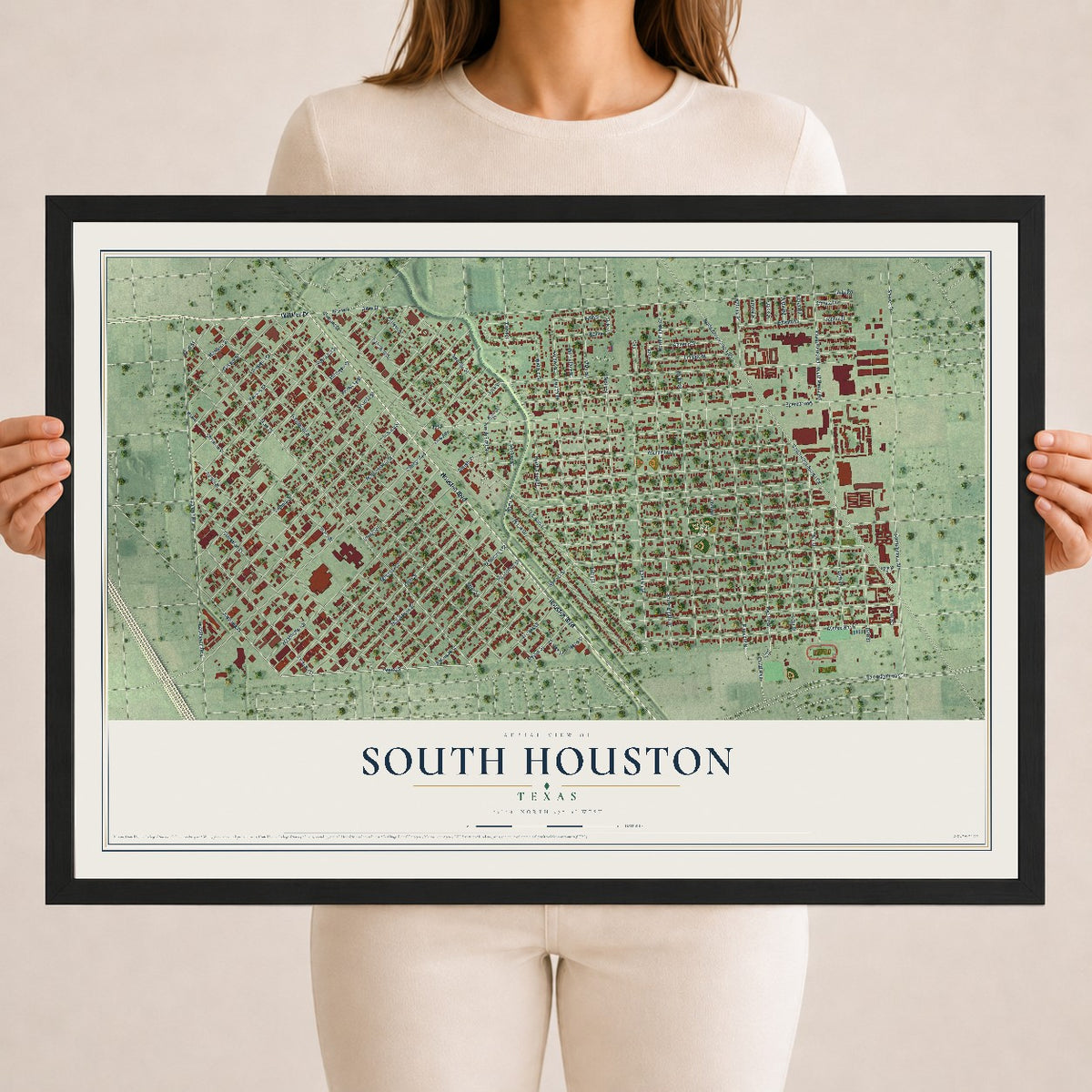 Map of South Houston, Texas, 18 x 24 inch print in a black wood frame